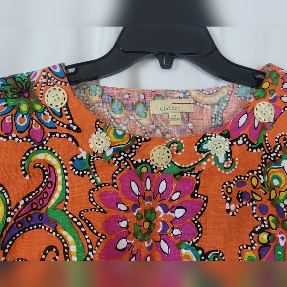 Choices Orange Paisley Print 3/4 Sleeve Button Detail Linen Blouse Size‎ M - Picture 2 of 6